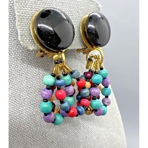 Vintage Boho Wood Beaded Dangle  Clip On Earrings Multi Color  Gold Tone